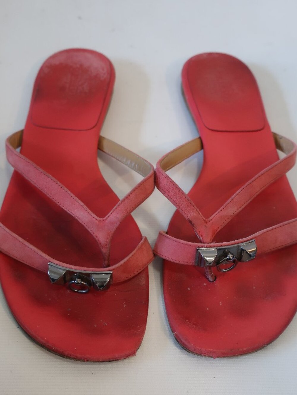 Women Hermes Red Leather Corfou Thong Sandals W/Silver Hardware 38 EU/US 8 - Picture 5 of 11